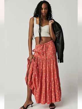 Free People Nova Tiered Coral Floral Maxi Skirt